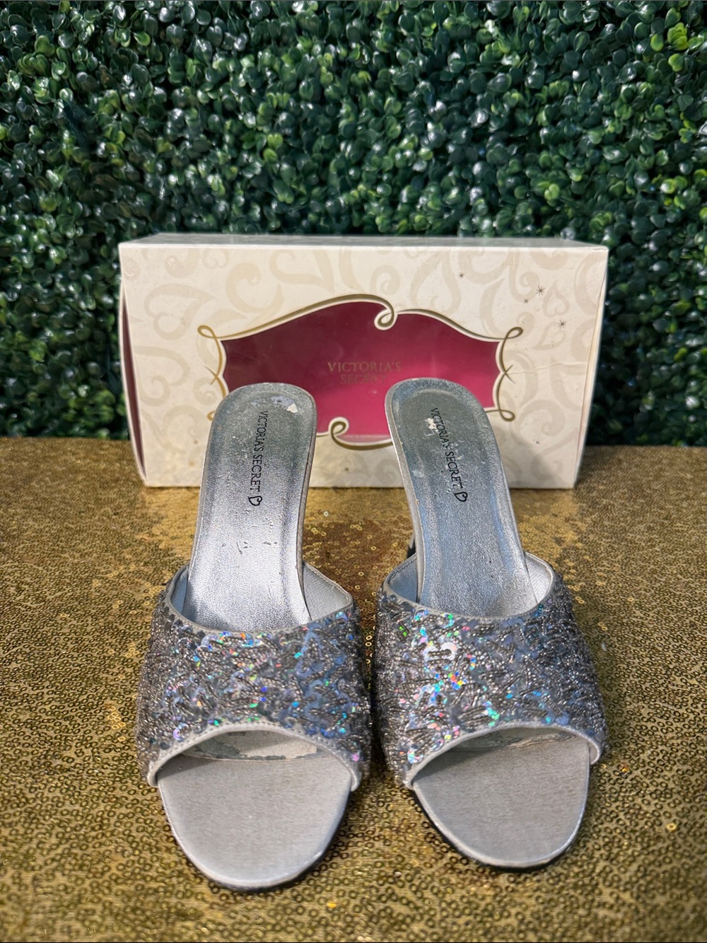 Vintage Victoria's Secret Iridescent Silver Glitter Mule Slides